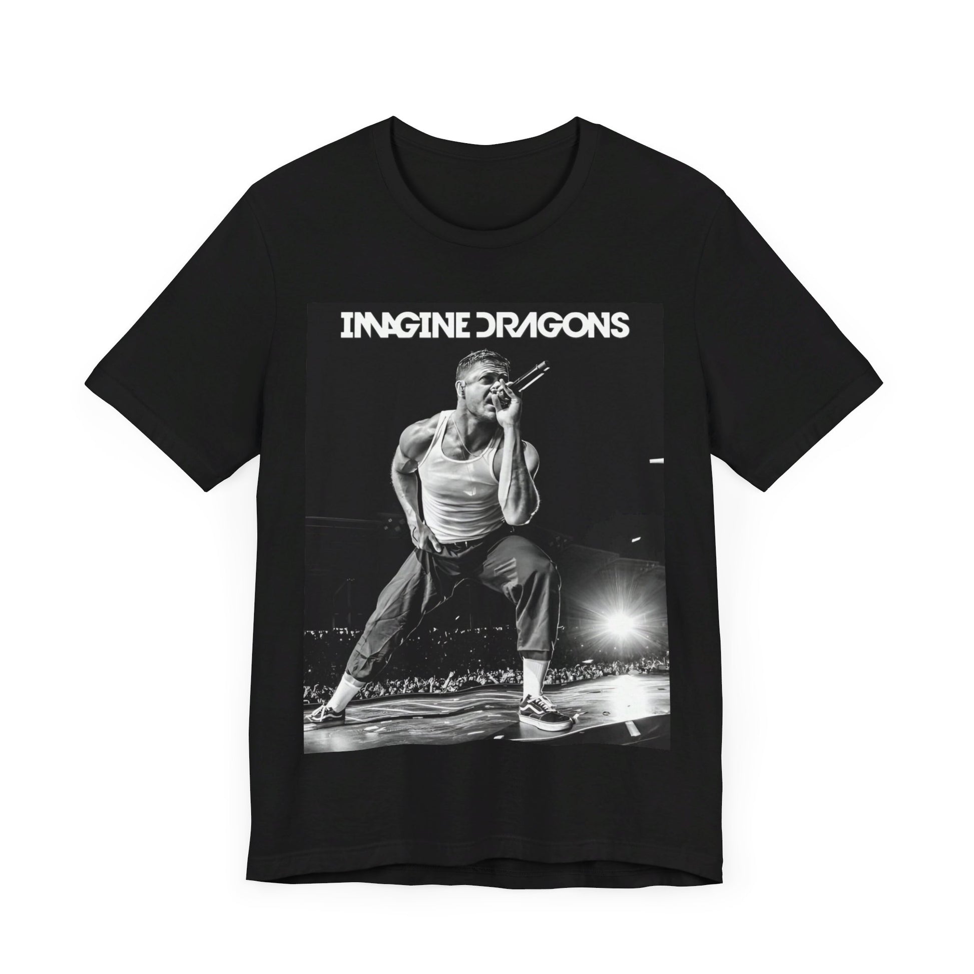 A black graphic t-shirt featuring a black and white graphic related to Imagine Dragons' 'Radioactive' song or era.
