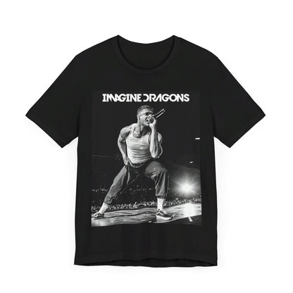 A black graphic t-shirt featuring a black and white graphic related to Imagine Dragons' 'Radioactive' song or era.