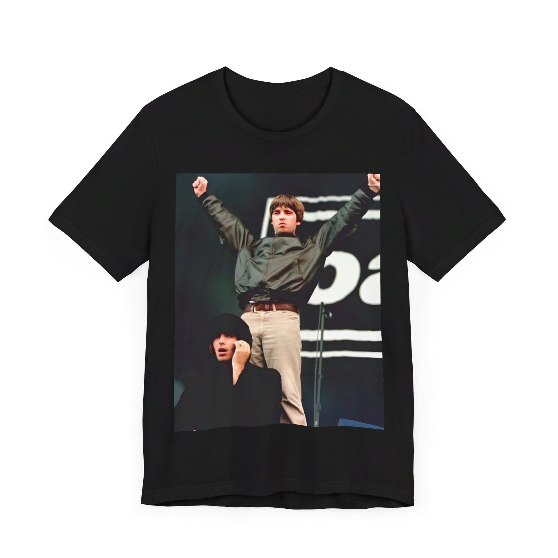 A black graphic t-shirt featuring a graphic or photo of Liam and Noel Gallagher from Oasis performing live on stage.