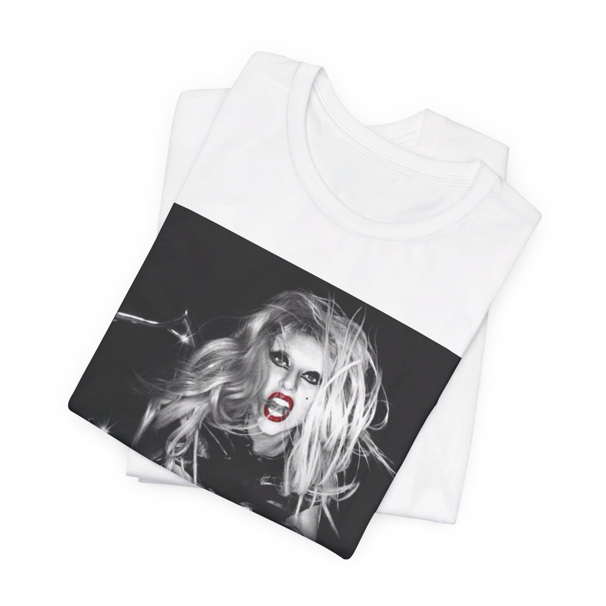 A black graphic t-shirt featuring a vintage black and white pop icon graphic of Lady Gaga.