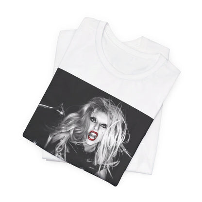 A black graphic t-shirt featuring a vintage black and white pop icon graphic of Lady Gaga.