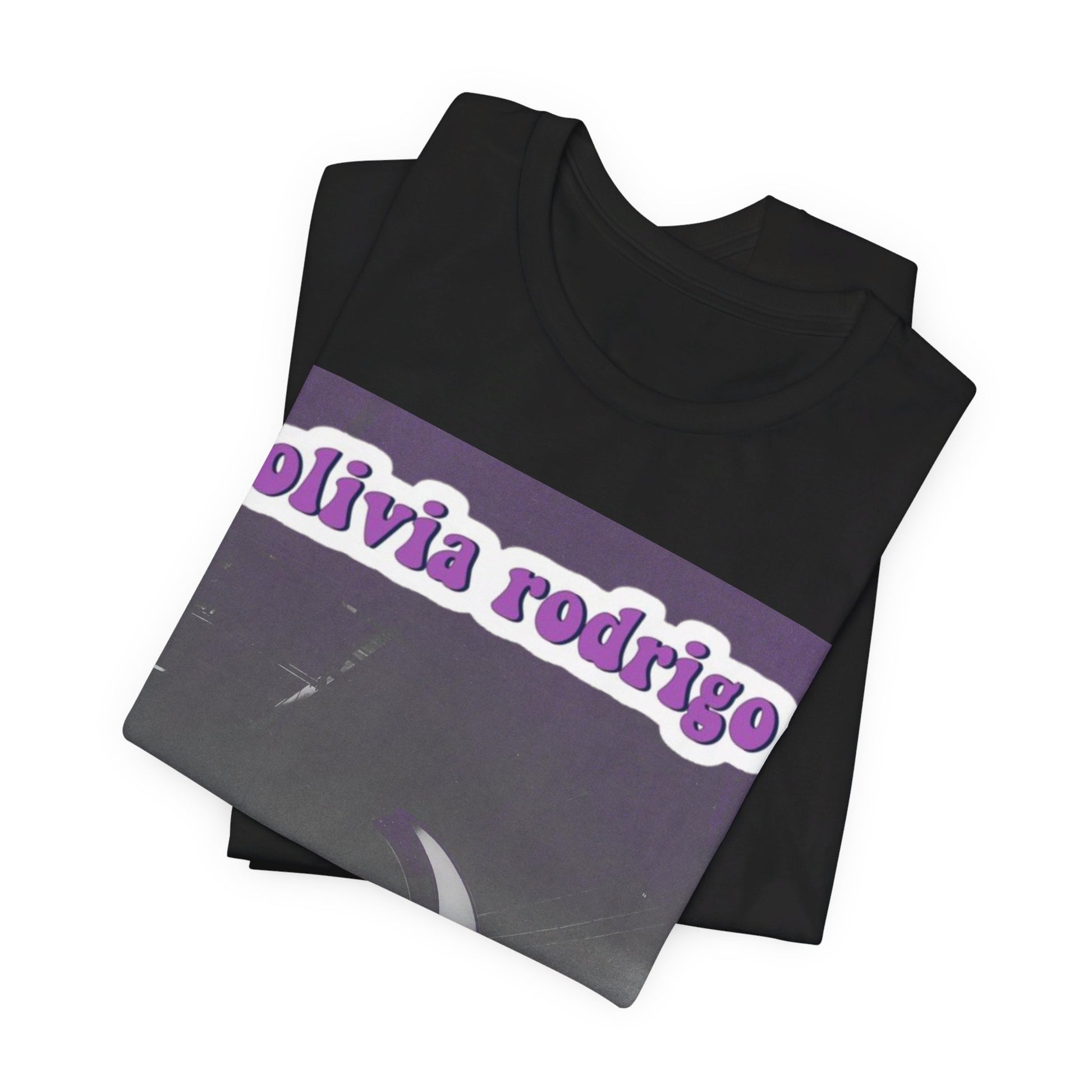 A black graphic t-shirt featuring a graphic or photo of Olivia Rodrigo performing live on stage.