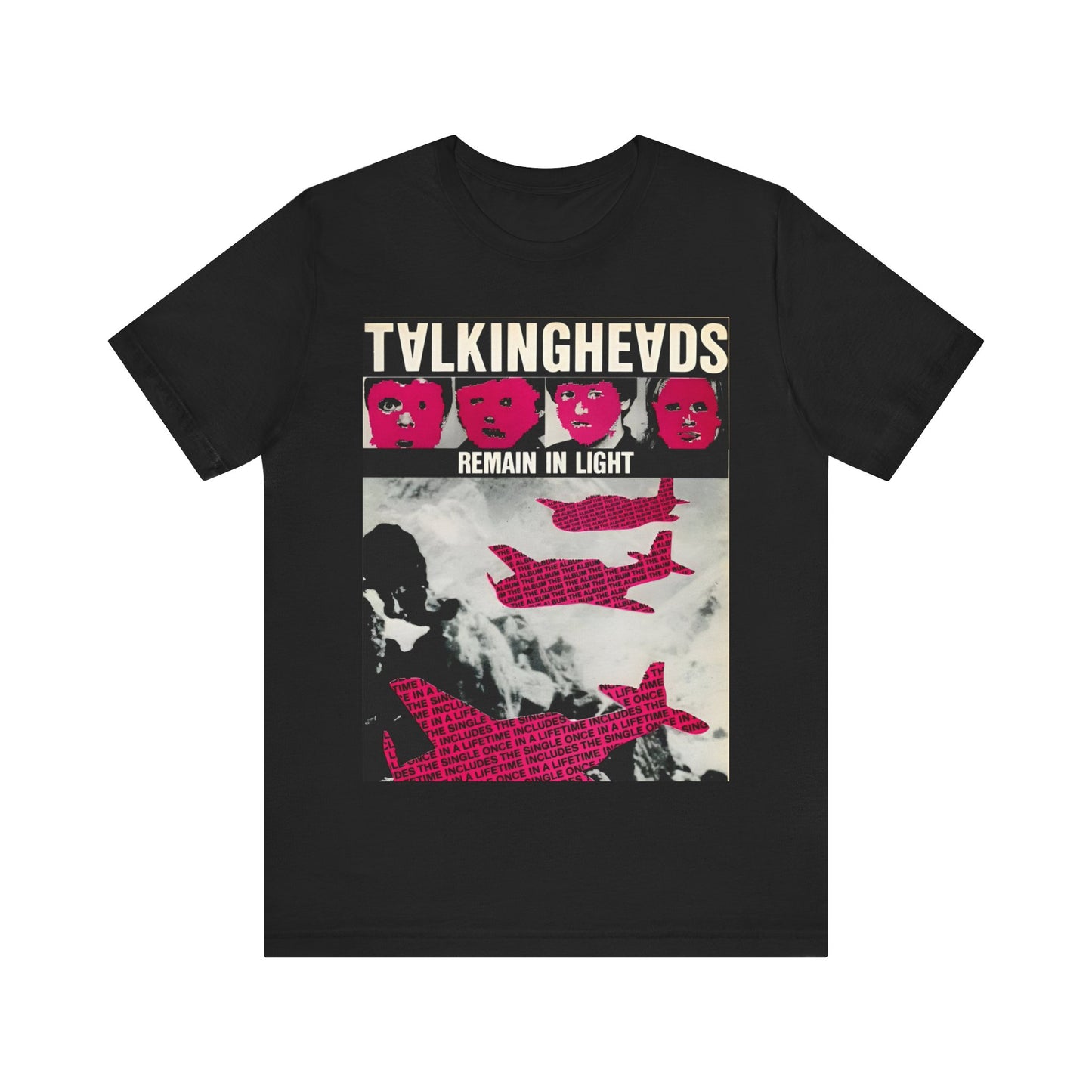 A black graphic t-shirt featuring an 80s art pop aesthetic graphic of Talking Heads.