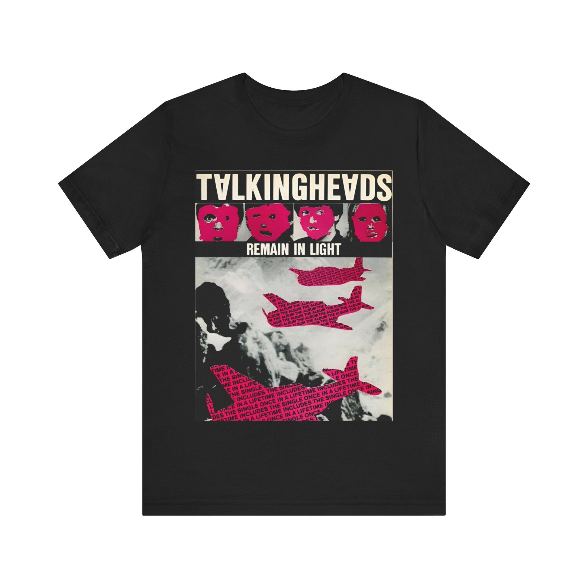 A black graphic t-shirt featuring an 80s art pop aesthetic graphic of Talking Heads.