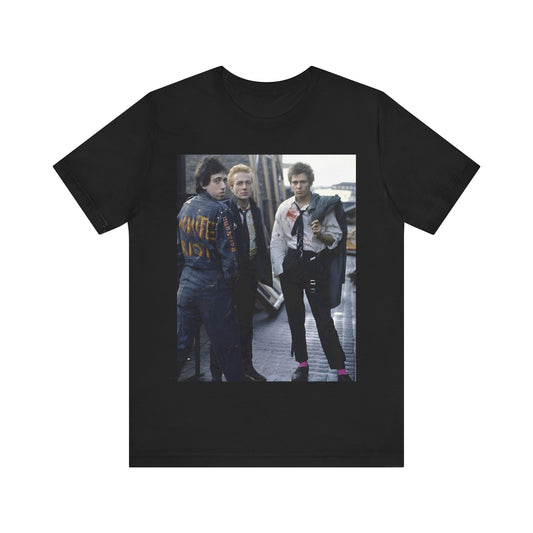 A black graphic t-shirt featuring a graphic of The Clash with a fearless attitude.
