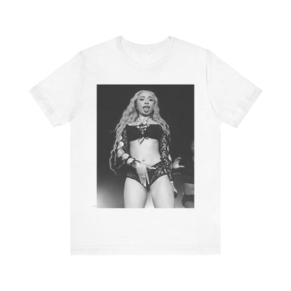 A black graphic t-shirt featuring a black and white graphic related to Ice Spice's song 'Deli', with a 'rap baddie' aesthetic.
