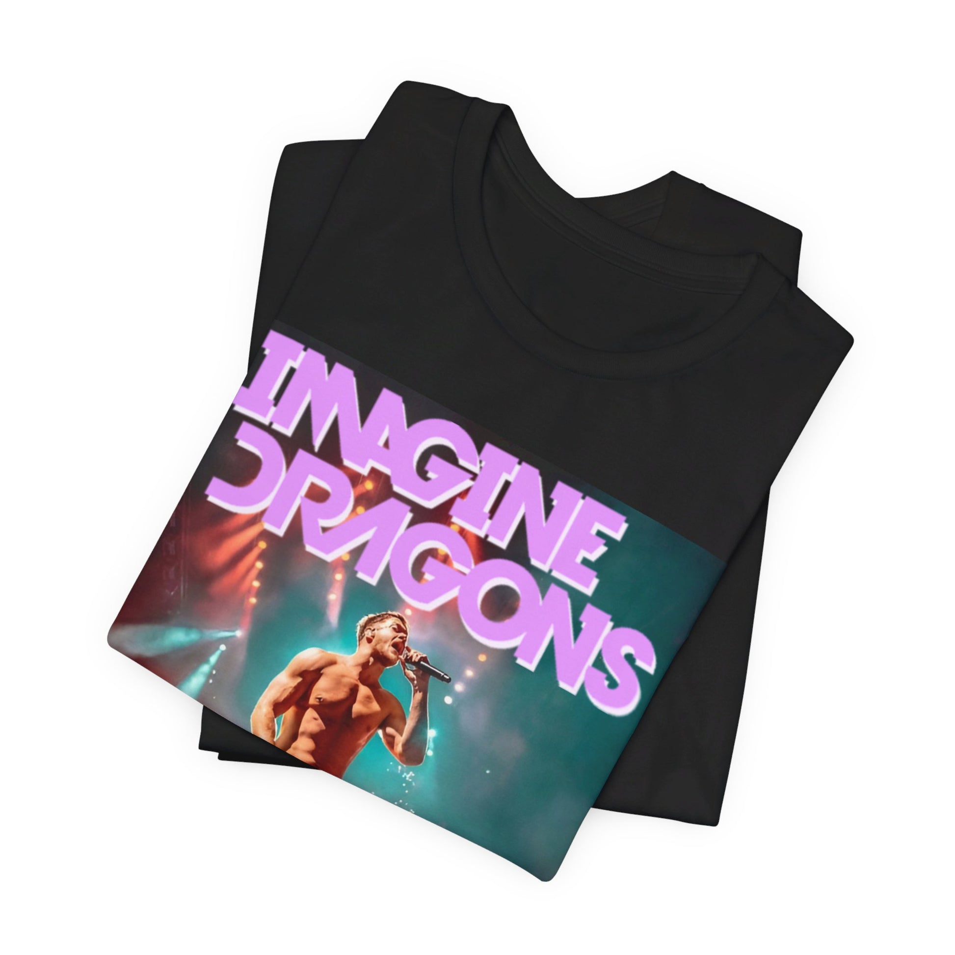 A black graphic t-shirt featuring a graphic of Imagine Dragons with a dream pop vibe.