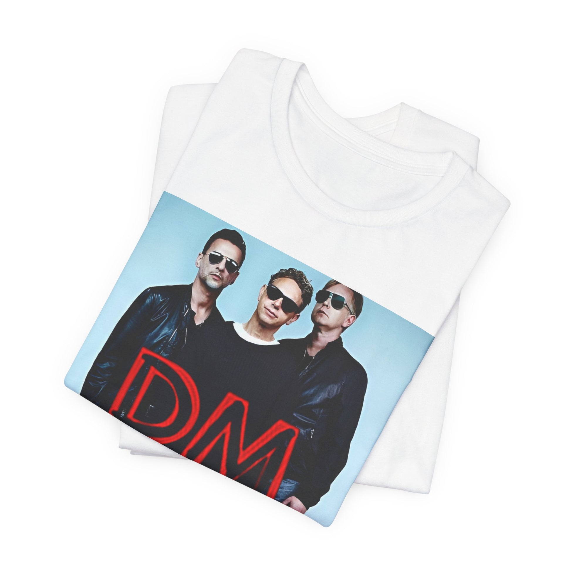 A black graphic t-shirt featuring a retro electropop graphic of Depeche Mode.