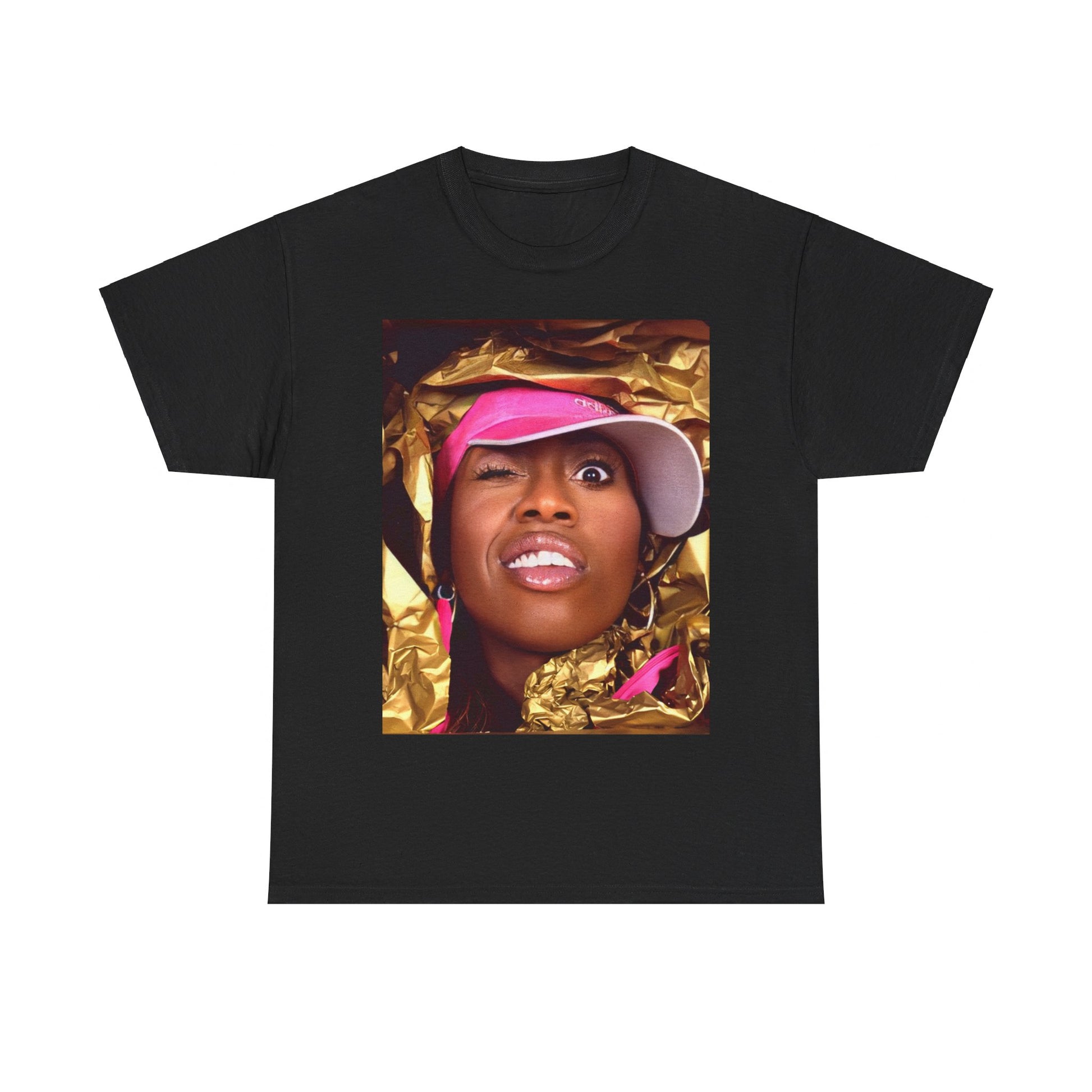 A black graphic t-shirt featuring a graphic related to Missy Elliott's 90s rap music video visionary style.