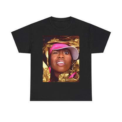 A black graphic t-shirt featuring a graphic related to Missy Elliott's 90s rap music video visionary style.
