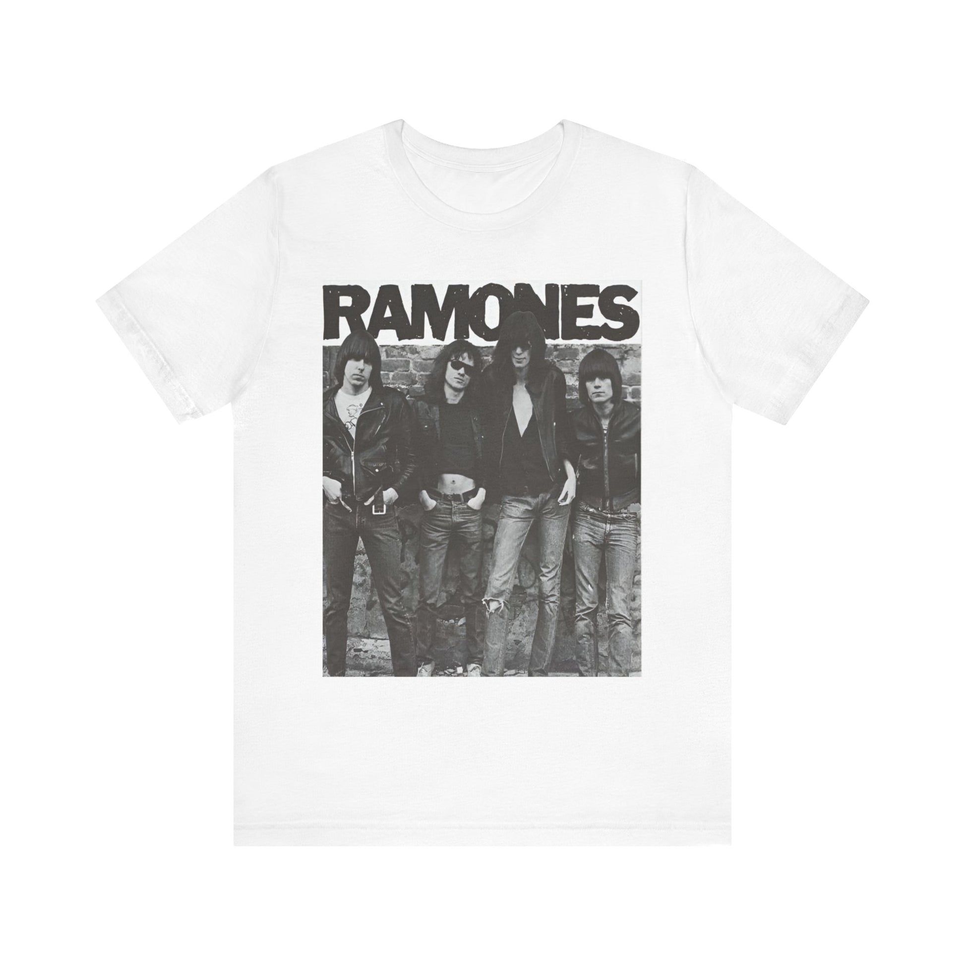 A black graphic t-shirt featuring a 70s vintage punk rock graphic of the Ramones.