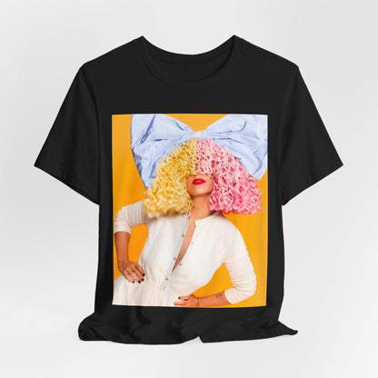 A black graphic t-shirt featuring a chill indie pop graphic of Sia.