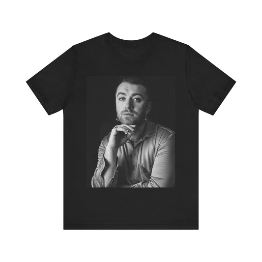 A black graphic t-shirt featuring a black and white portrait photo of Sam Smith.
