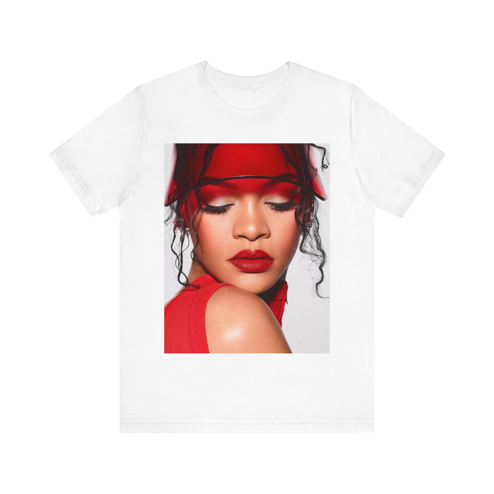 A black graphic t-shirt featuring a casual pop fan graphic of Rihanna.