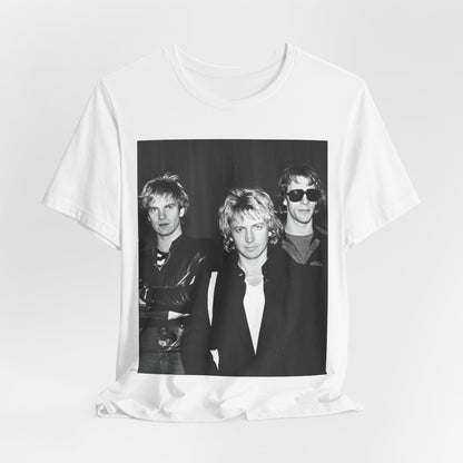 A black graphic t-shirt featuring a black and white, monochrome graphic or photo of The Police.