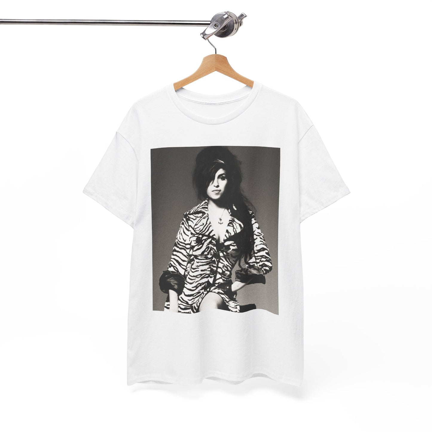 A black graphic t-shirt featuring a vintage black and white portrait of Amy Winehouse, showing her with her signature beehive and soulful expression.