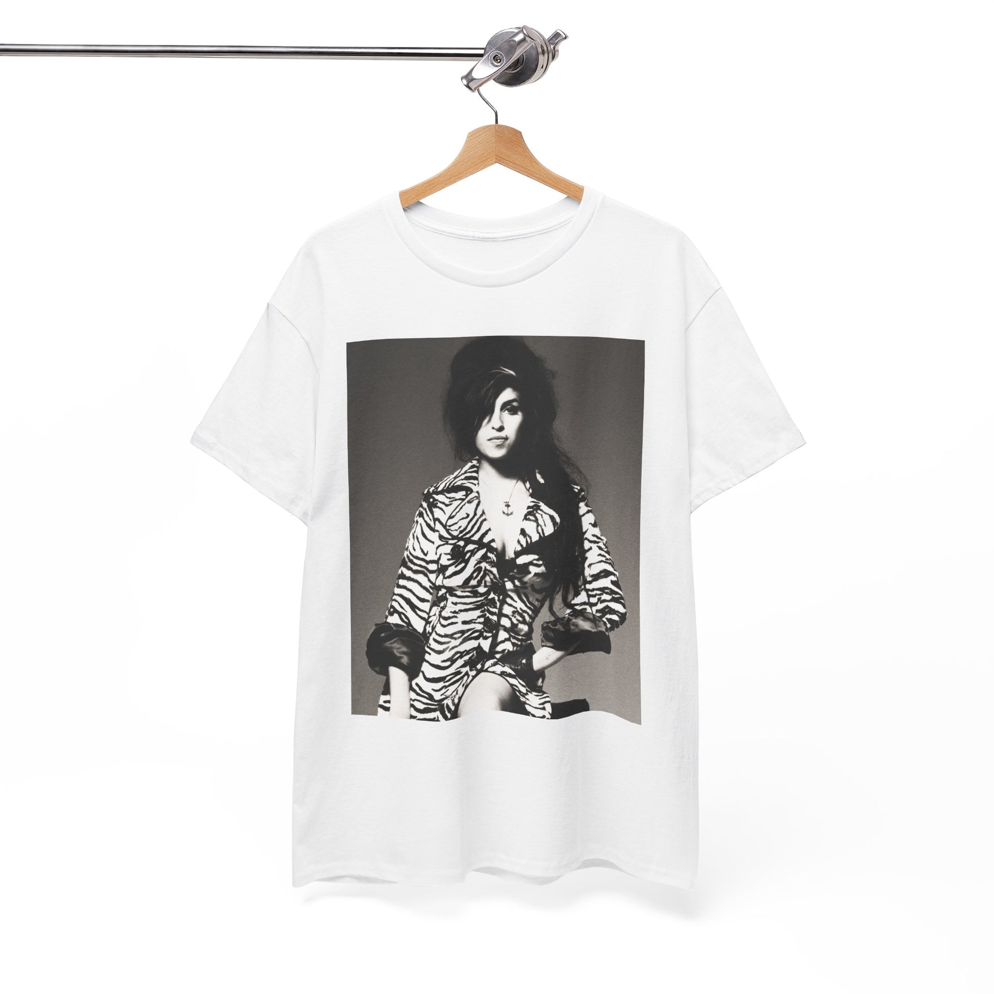 A black graphic t-shirt featuring a vintage black and white portrait of Amy Winehouse, showing her with her signature beehive and soulful expression.