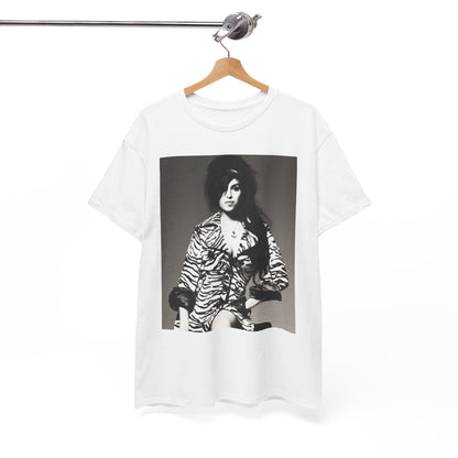 A black graphic t-shirt featuring a vintage black and white portrait of Amy Winehouse, showing her with her signature beehive and soulful expression.