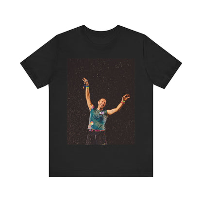 A black graphic t-shirt featuring a graphic related to Coldplay's song 'Fix You'.