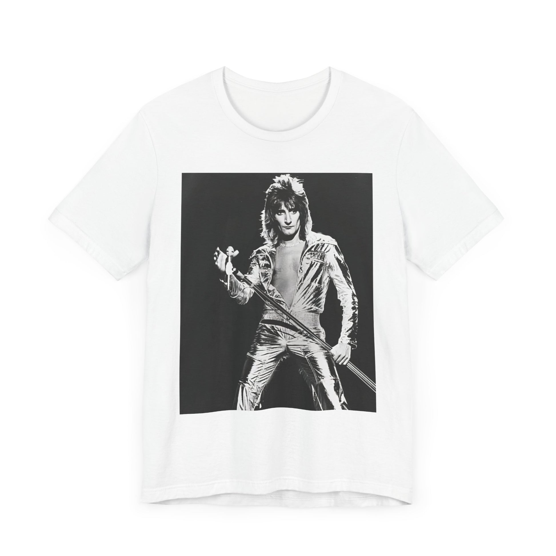 A black graphic t-shirt featuring a 70s black and white monochrome graphic or photo of Rod Stewart.