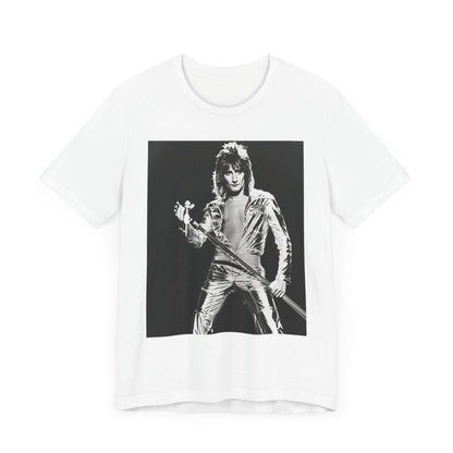 A black graphic t-shirt featuring a 70s black and white monochrome graphic or photo of Rod Stewart.