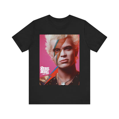 A black graphic t-shirt featuring a retro 80s aesthetic graphic of Billy Idol.