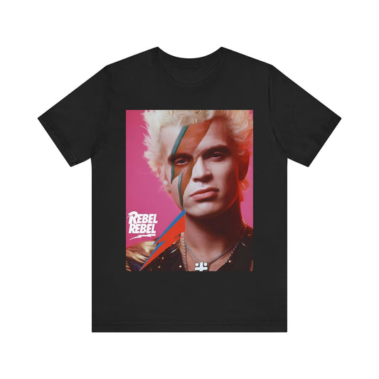 A black graphic t-shirt featuring a retro 80s aesthetic graphic of Billy Idol.
