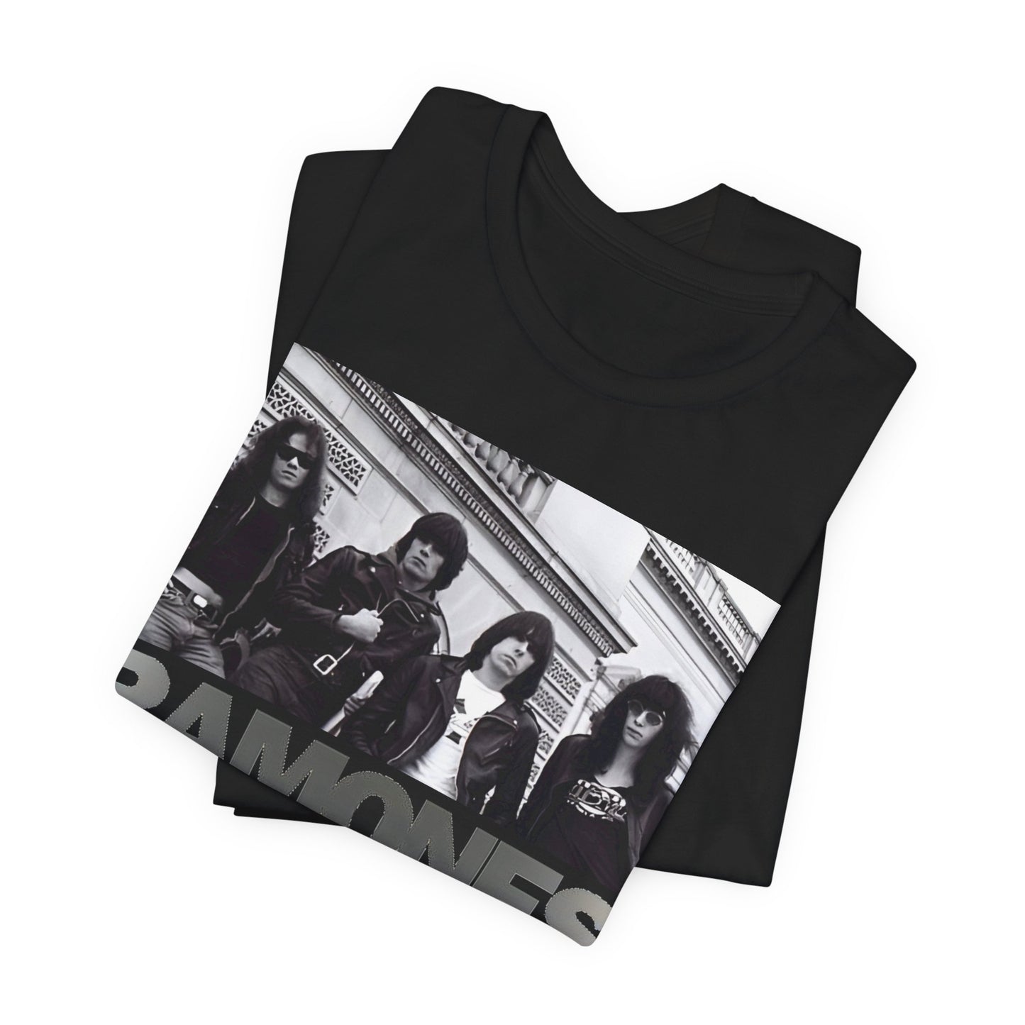 A black graphic t-shirt featuring a graphic related to Ramones' 'Blitzkrieg Bop' song or era.