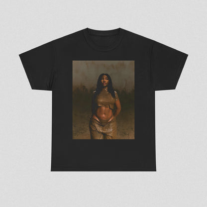 A black graphic t-shirt featuring a classic neo-soul aesthetic graphic of SZA.