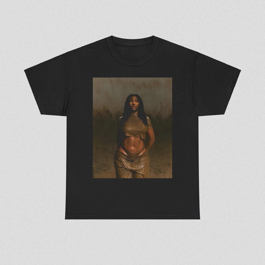 A black graphic t-shirt featuring a classic neo-soul aesthetic graphic of SZA.