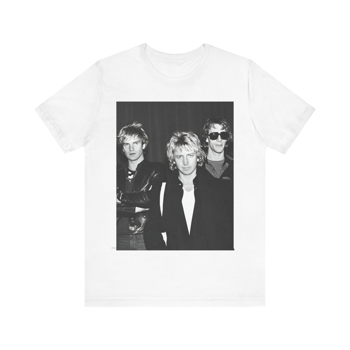 A black graphic t-shirt featuring a black and white, monochrome graphic or photo of The Police.