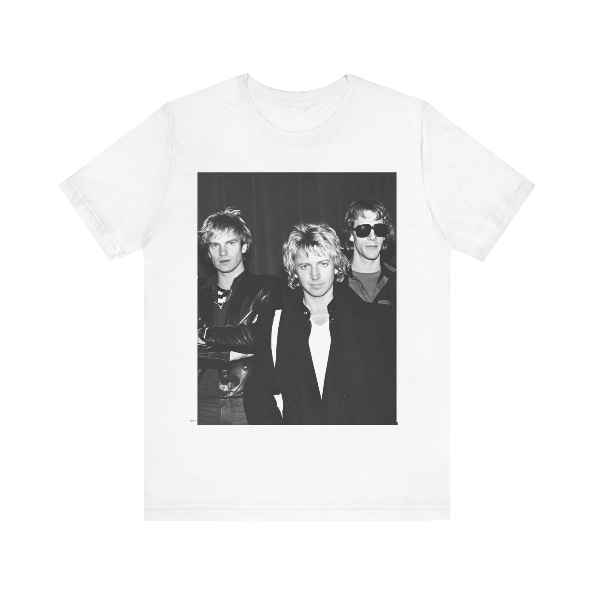 A black graphic t-shirt featuring a black and white, monochrome graphic or photo of The Police.