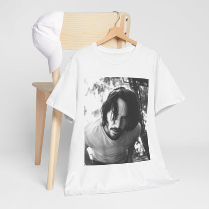 A black graphic t-shirt featuring a graphic of Keanu Reeves with authentic chill vibes.
