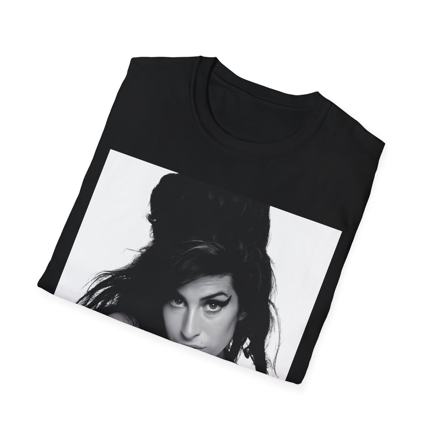 A black graphic t-shirt featuring a black and white portrait of Amy Winehouse, showing her with her signature beehive and soulful expression.