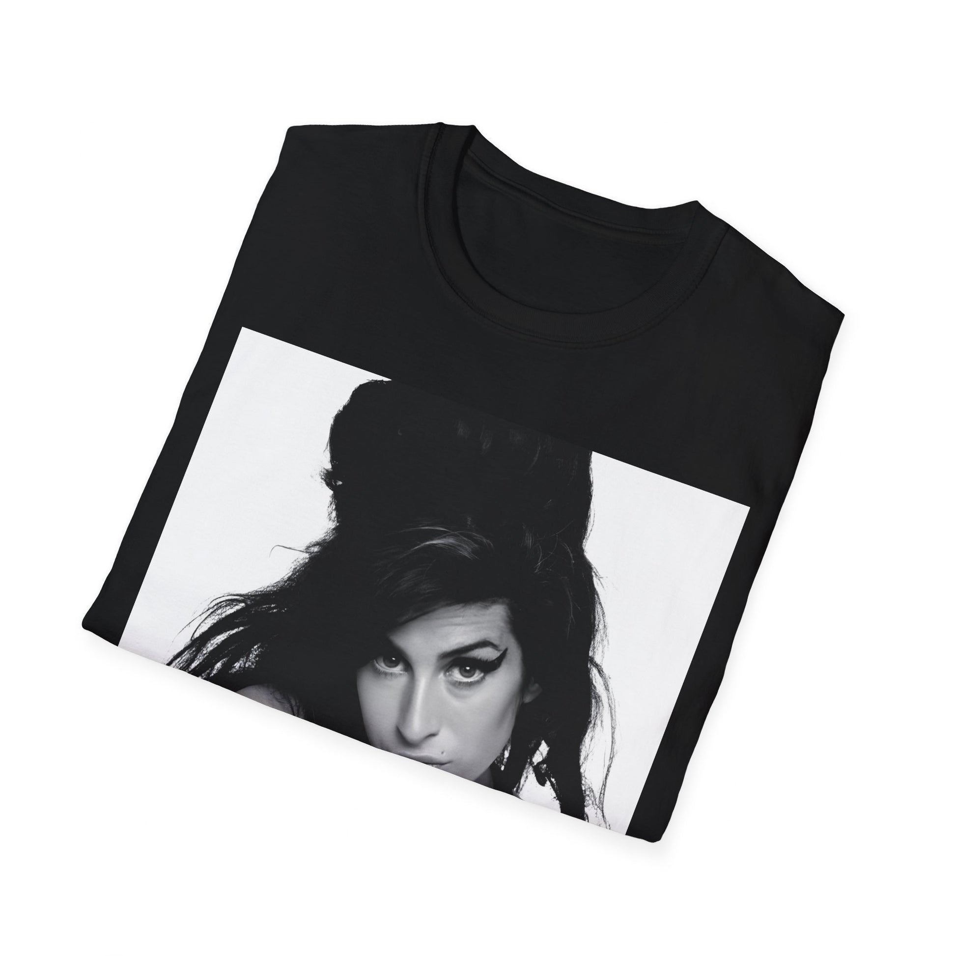 A black graphic t-shirt featuring a black and white portrait of Amy Winehouse, showing her with her signature beehive and soulful expression.