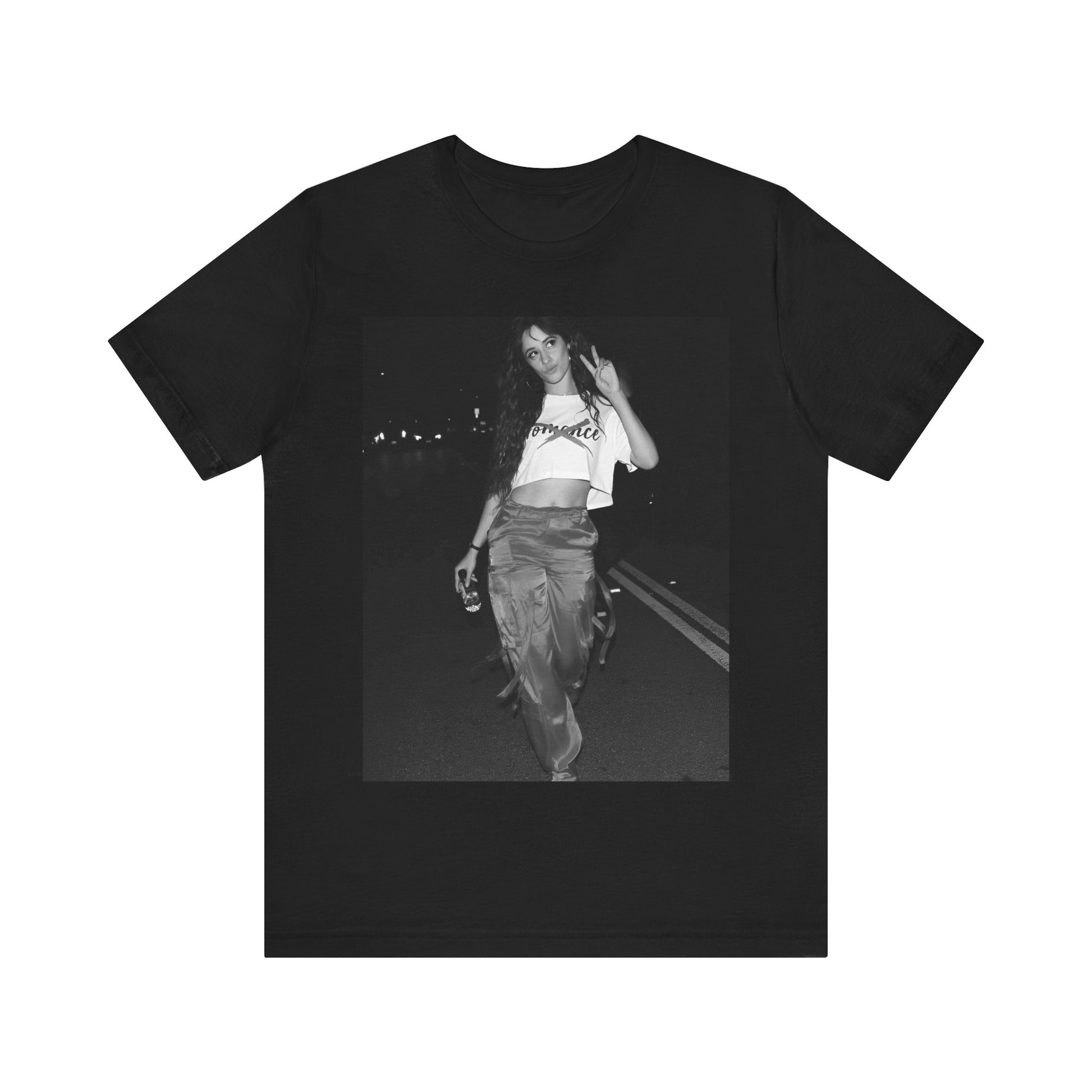 A black graphic t-shirt featuring a photo of Camila Cabello from her "Romance" album era.
