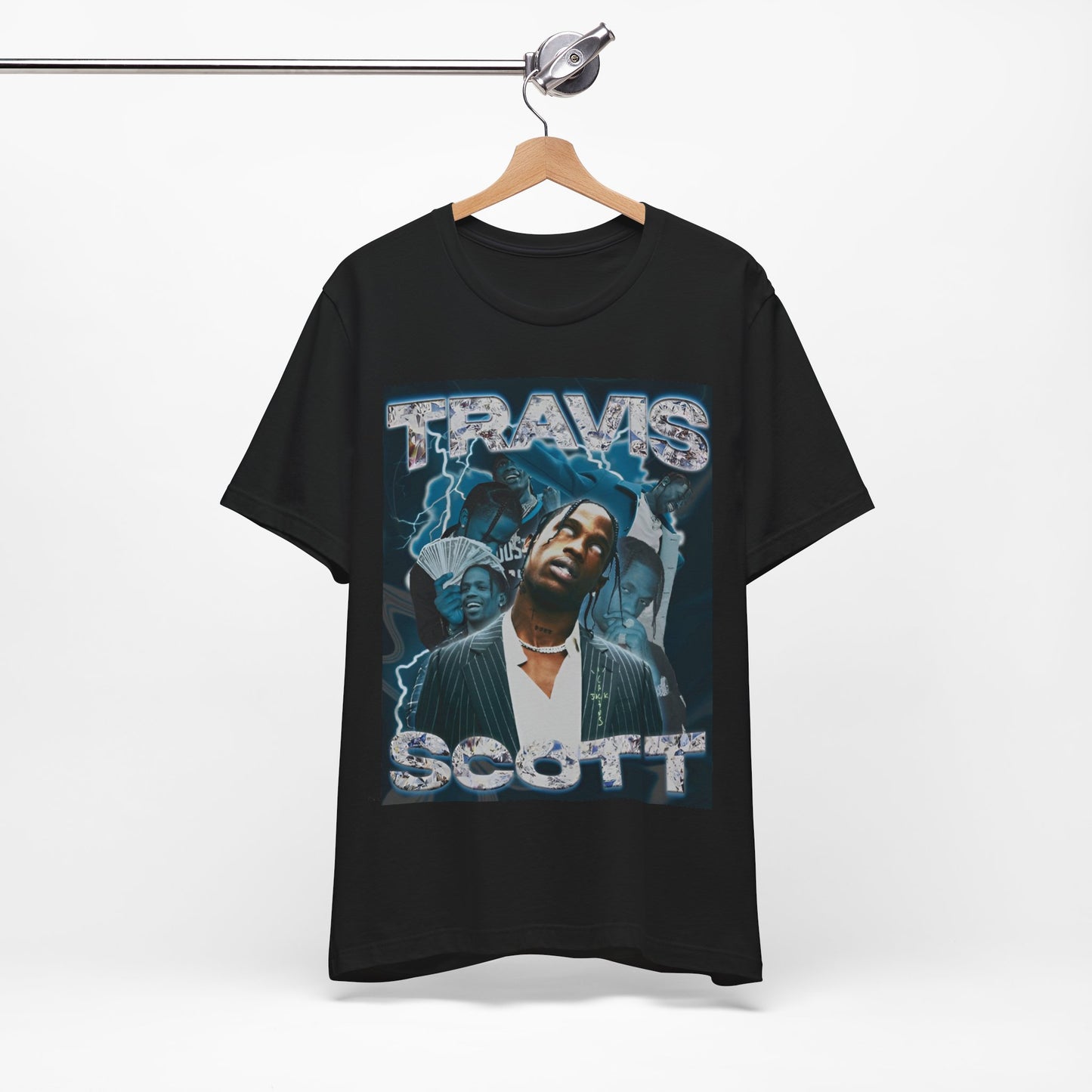 A black graphic t-shirt featuring a 90s bootleg style graphic of Travis Scott.
