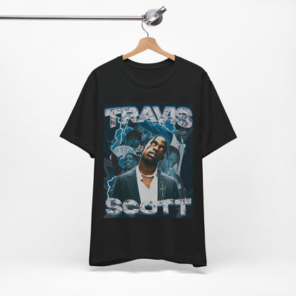 A black graphic t-shirt featuring a 90s bootleg style graphic of Travis Scott.