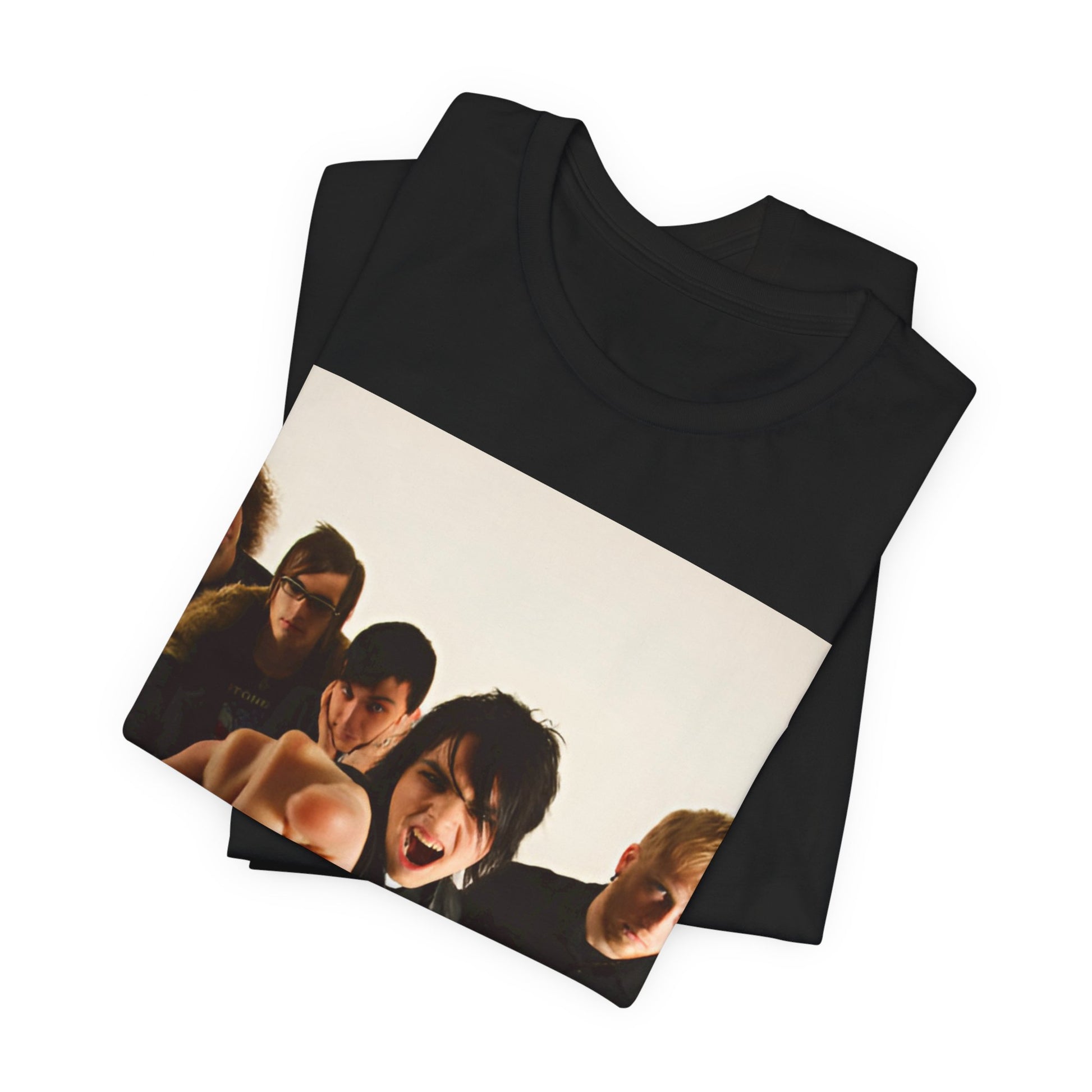 A black graphic t-shirt featuring a retro rock graphic of My Chemical Romance.