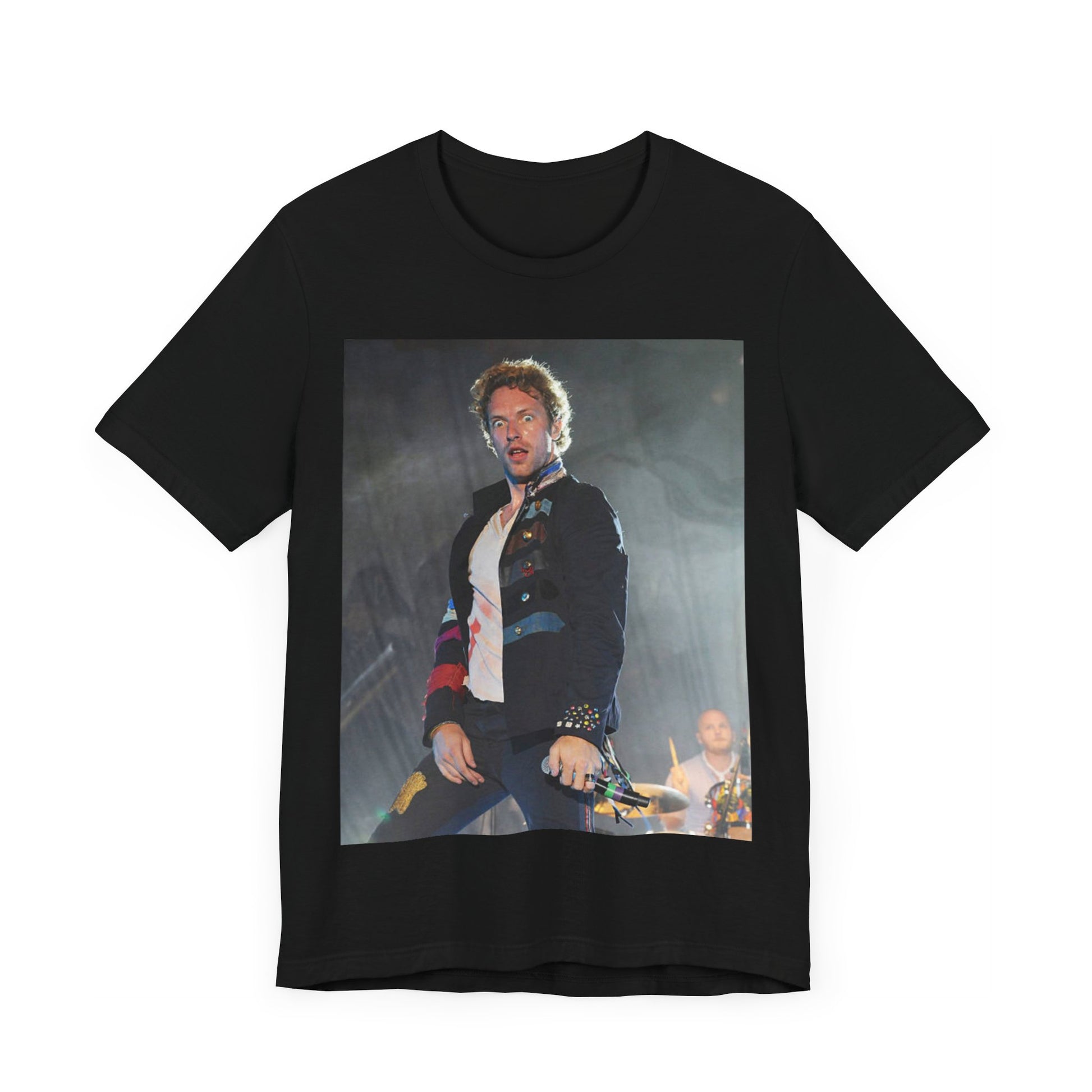 A black graphic t-shirt featuring a vintage graphic of Coldplay performing live acoustically.