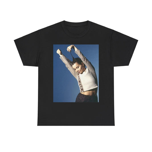 A black graphic t-shirt featuring a graphic of Bjork, designed with a futuristic or timeless aesthetic, labeling it a 'future classic'.