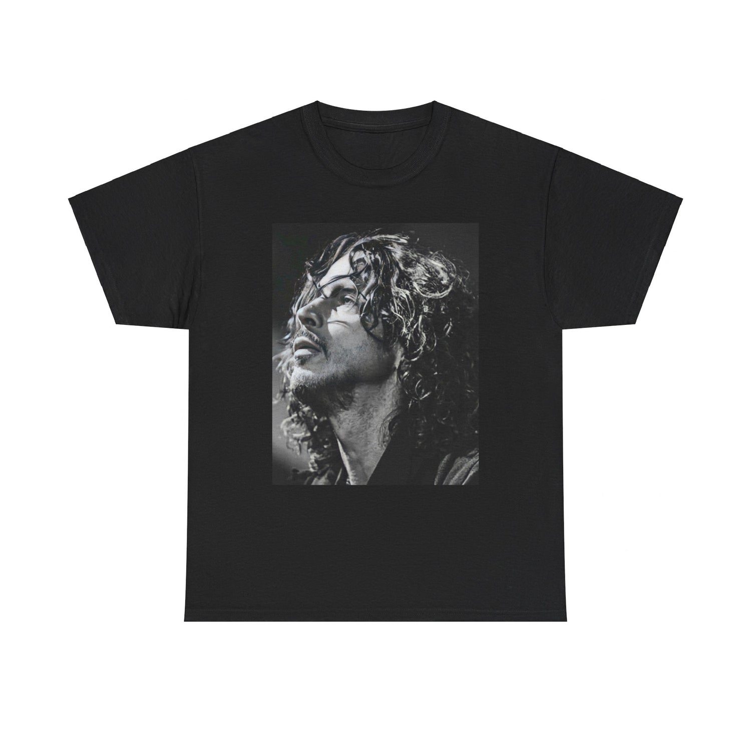 A black graphic t-shirt featuring a black and white graphic or portrait of Chris Cornell as a grunge icon.