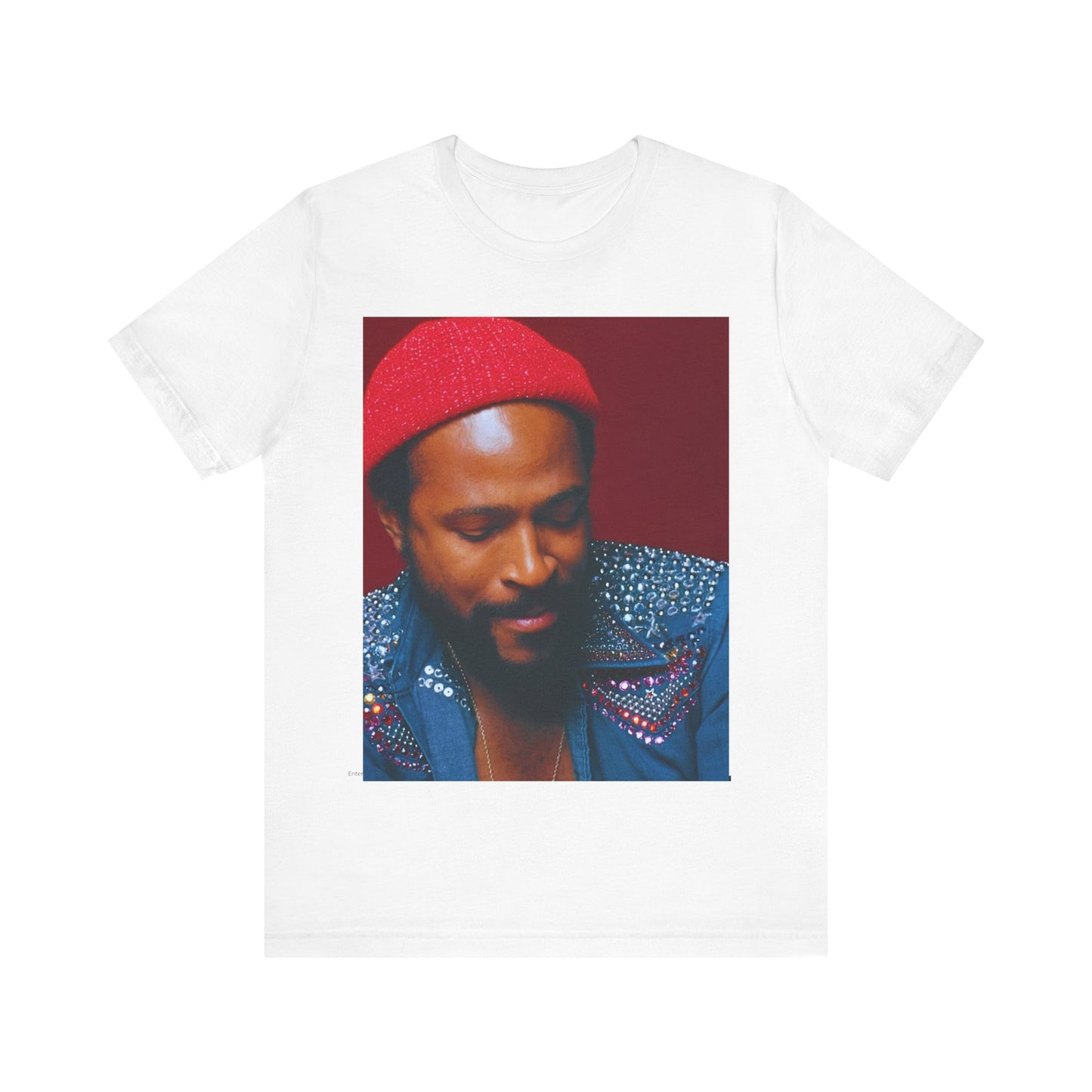 A black graphic t-shirt featuring a graphic related to Marvin Gaye's 'What's Going On' album era.