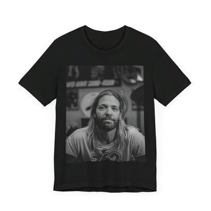 A black graphic t-shirt featuring a tribute graphic for Taylor Hawkins of Foo Fighters.