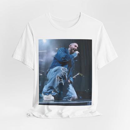 A modern, vibrant, and colorful group photo of the band Maroon 5, printed on a graphic t-shirt.