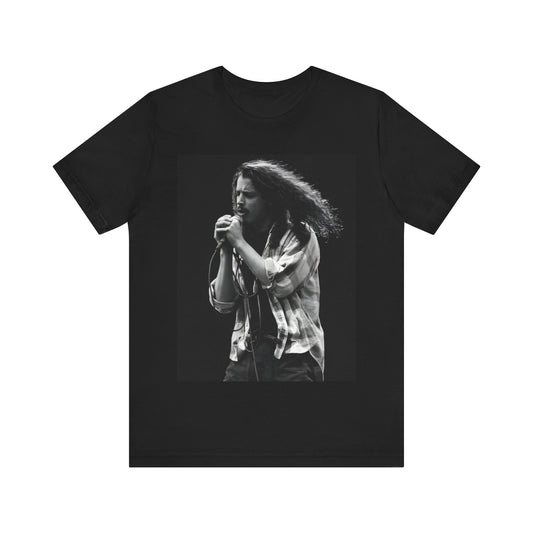 A black graphic t-shirt featuring a black and white graphic of Chris Cornell from 1996.