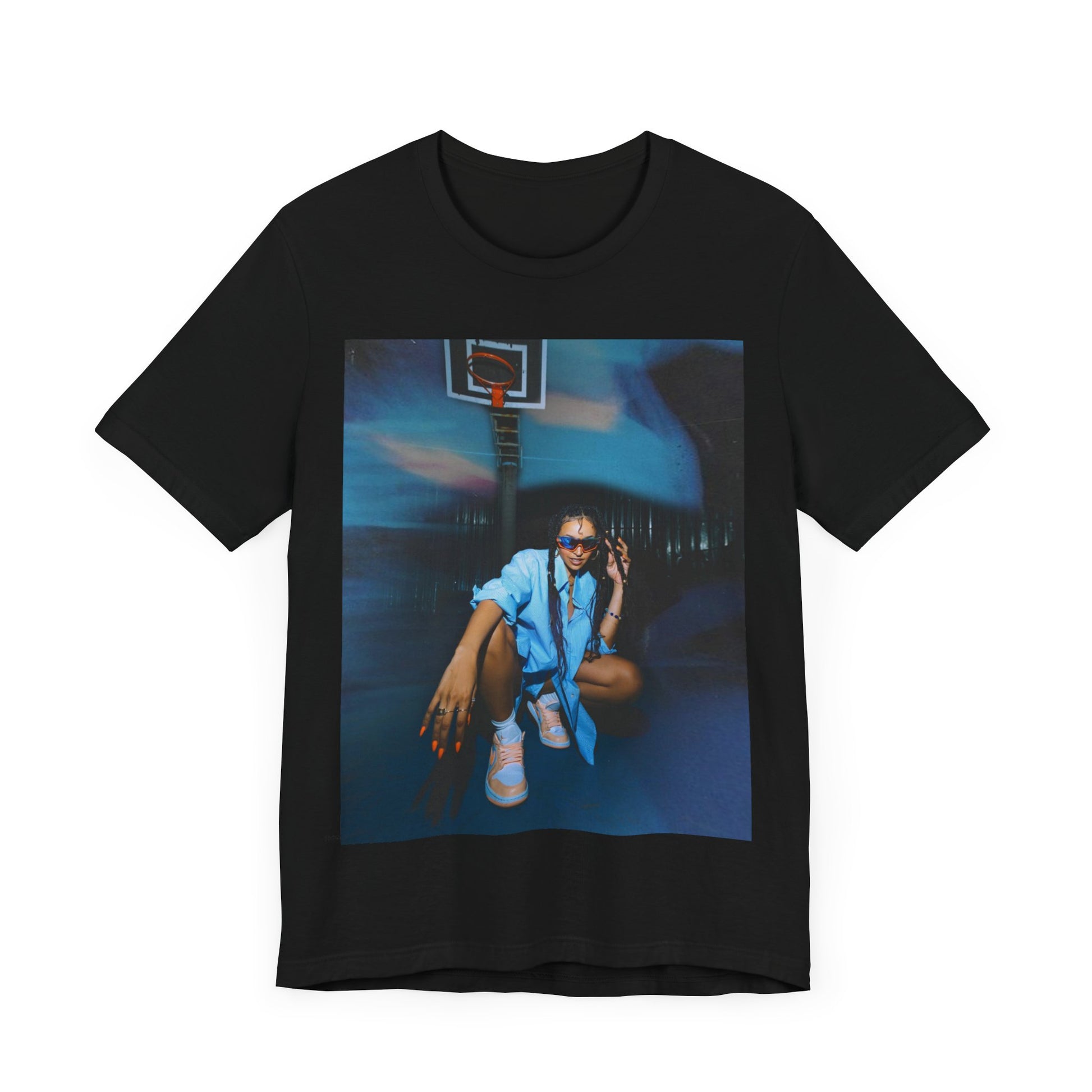 A black graphic t-shirt featuring an indie R&B streetwear graphic of Tinashe.