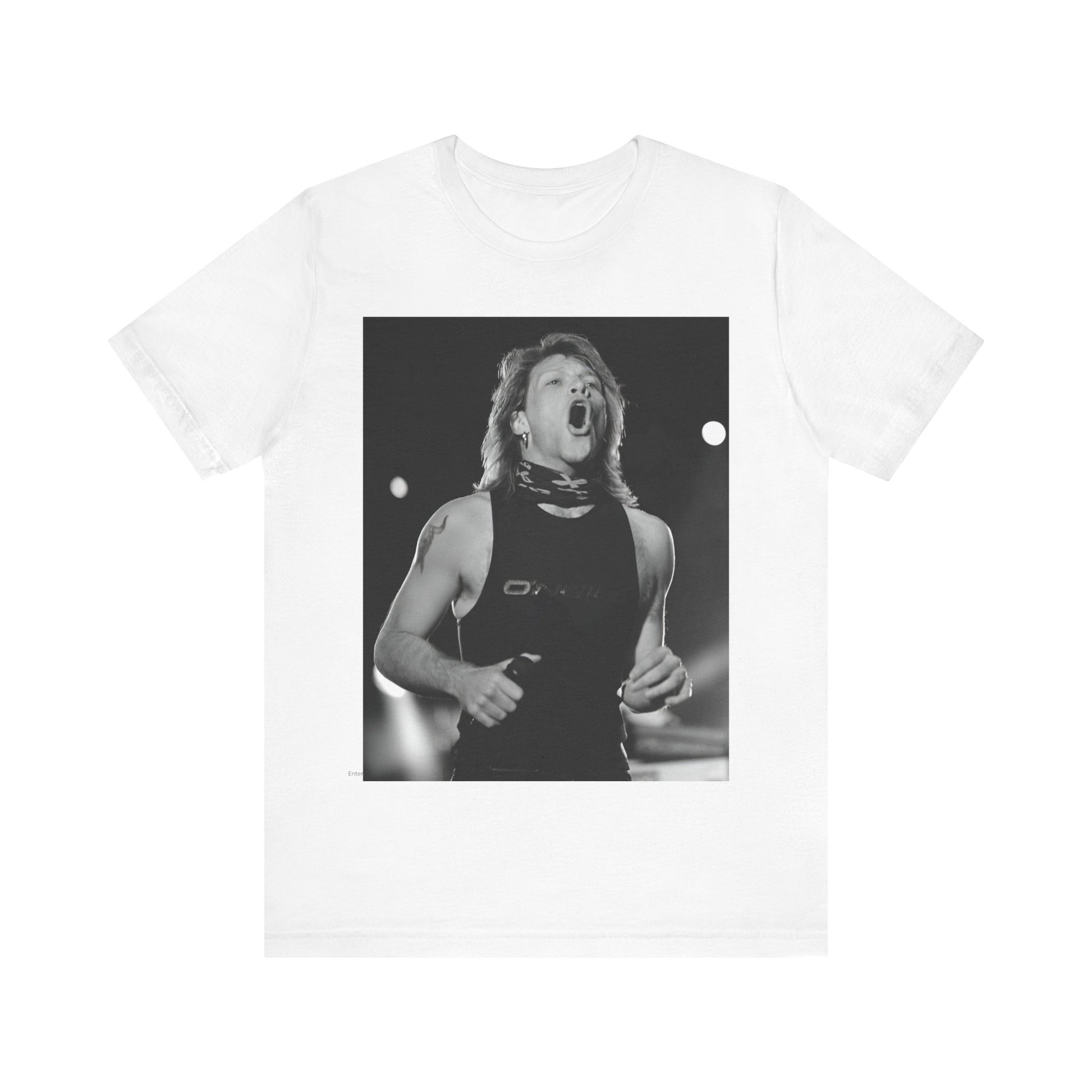 A black graphic t-shirt featuring a black and white iconic graphic or photo of Bon Jovi as superstars.