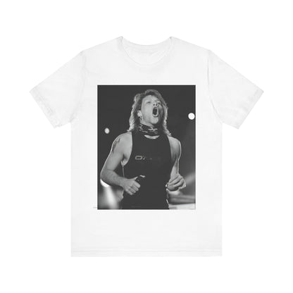 A black graphic t-shirt featuring a black and white iconic graphic or photo of Bon Jovi as superstars.