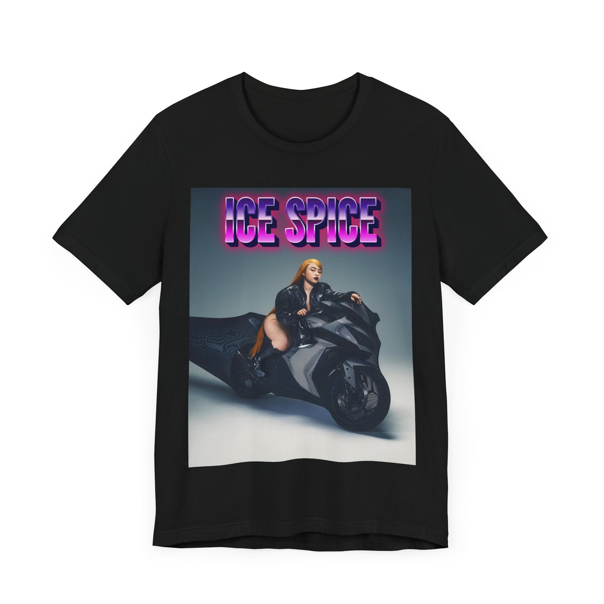 A black graphic t-shirt featuring a graphic of Ice Spice related to motorcycles or a rebellious, cool style.